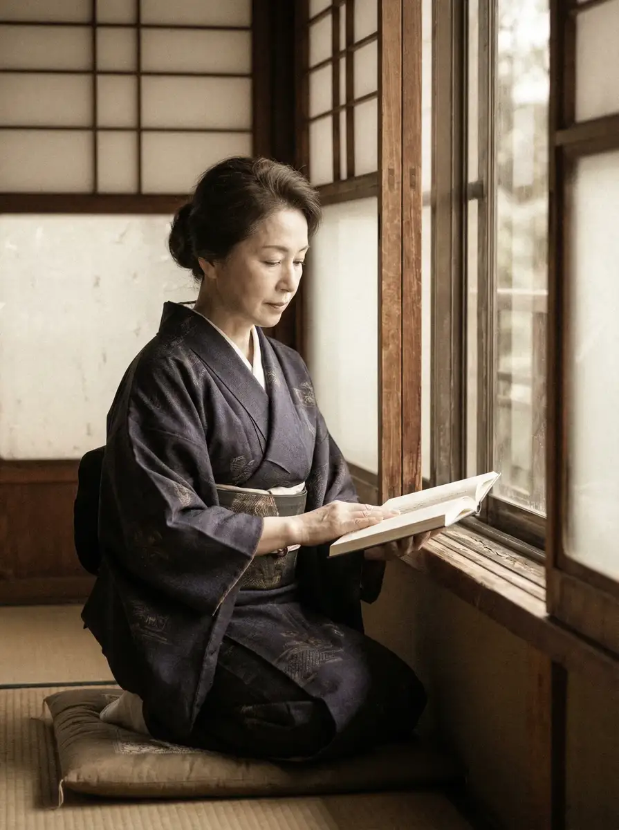 一位优雅的五十岁 日本高清视频播放器 身穿深蓝色和服，在窗边静读